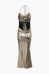 Metallic Halter Backless Maxi Dress