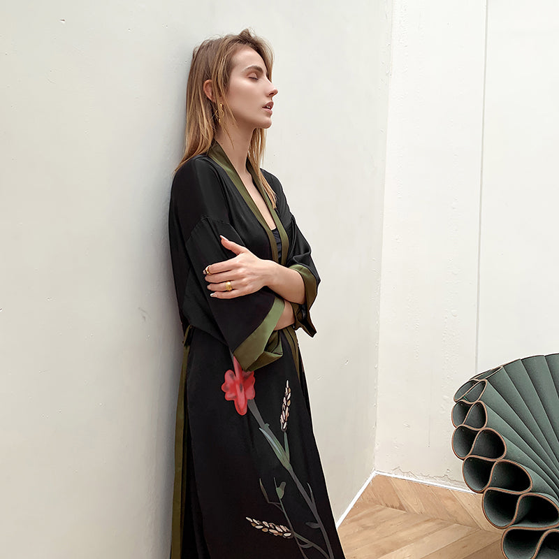 Black Khaki Women's Light Luxury Silky Satin Kimono Robe