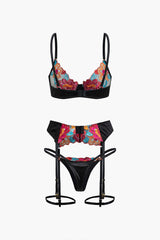 Flower Embroidery Bandage Metal Lingerie And Thong Set