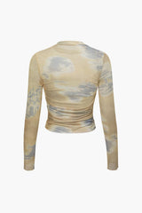 Tie Dye Ruched Mesh Long Sleeve Top