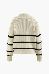Contrast Stripe Zipper Collar Cable Knit Sweater