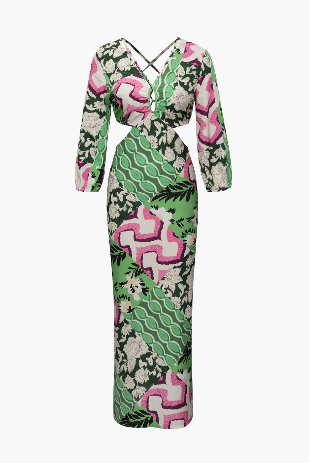 Floral Print  V-neck Back Tie Cut Out Maxi Dress