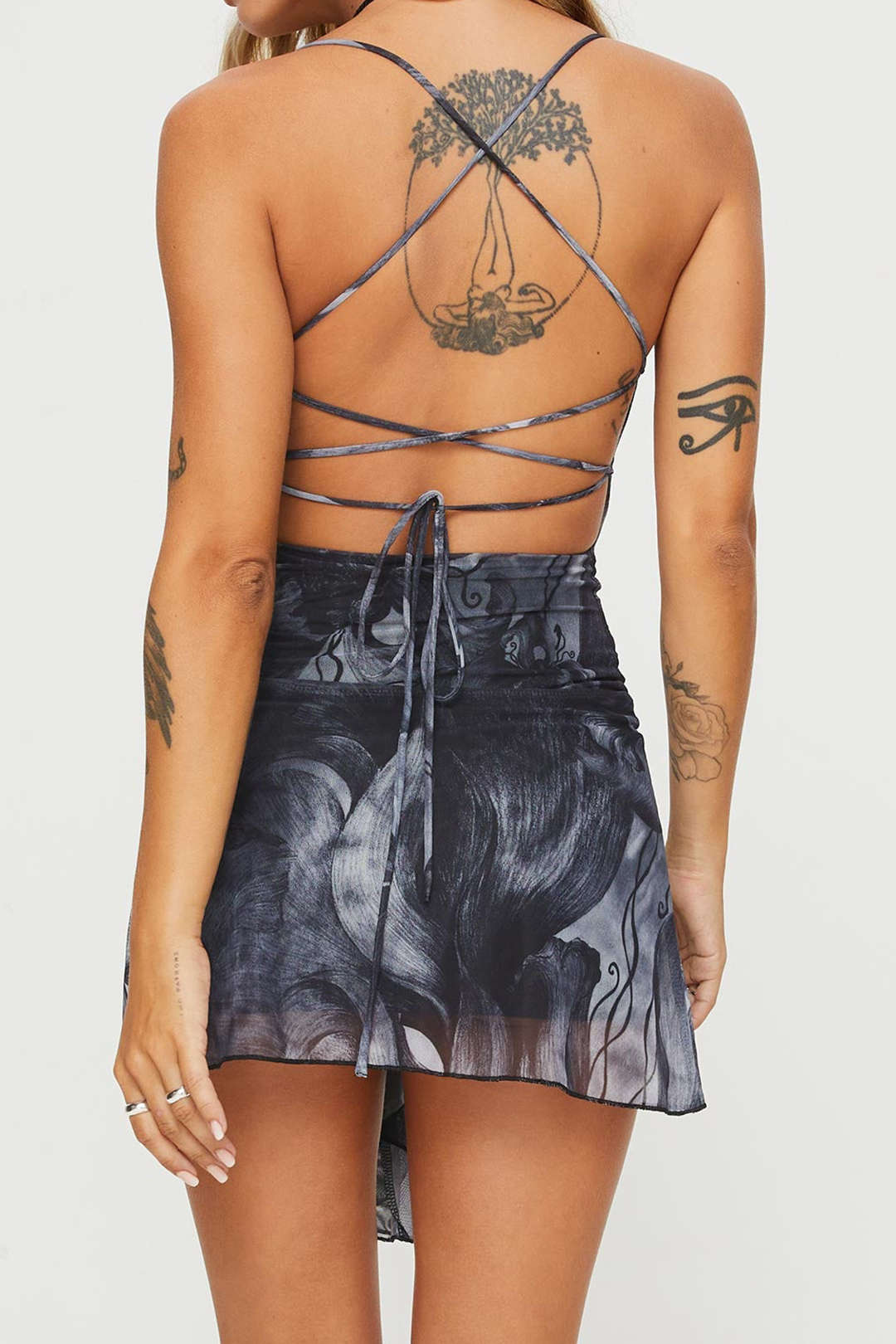 Abstract Print Cross Tie Backless Mesh Mini Dress