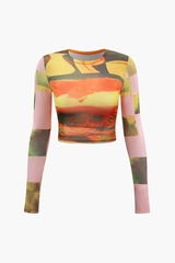 Abstract Print Long Sleeve Crop Top