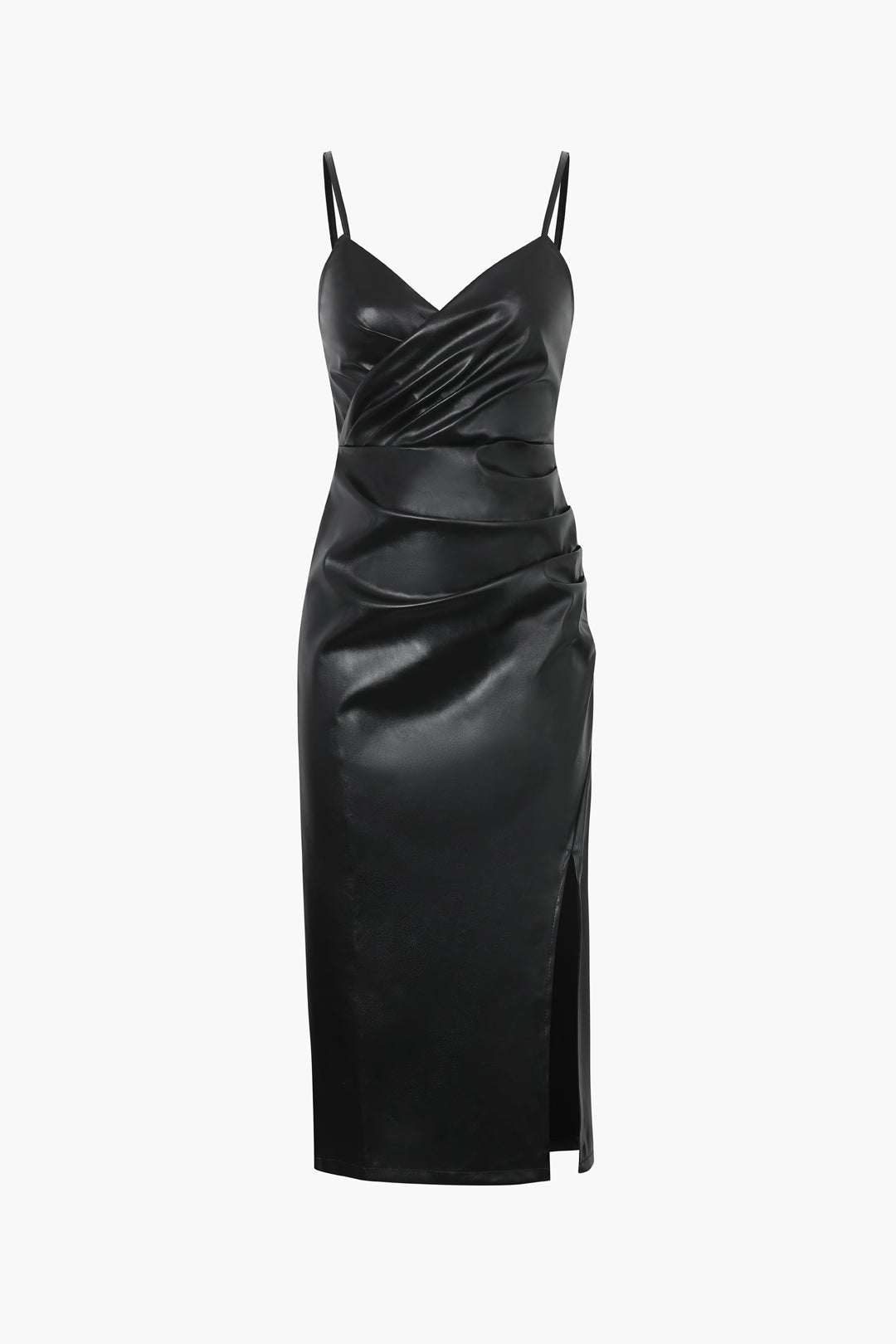 Faux Leather V-Neck Ruched Slit Midi Dress