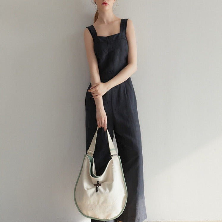 Green Trim Round Canvas Tote Bag