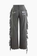 Tassel Ripped Frayed Straight Leg Jeans