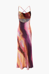 Abstract Print Cross Back Satin Midi Dress