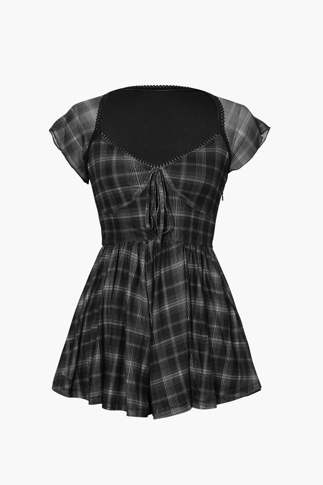 Square Neck Short Flutter Sleeve Checkered Vintage Playsuit