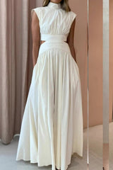 Mock Neck Cut Out Pleated Maxi Dress