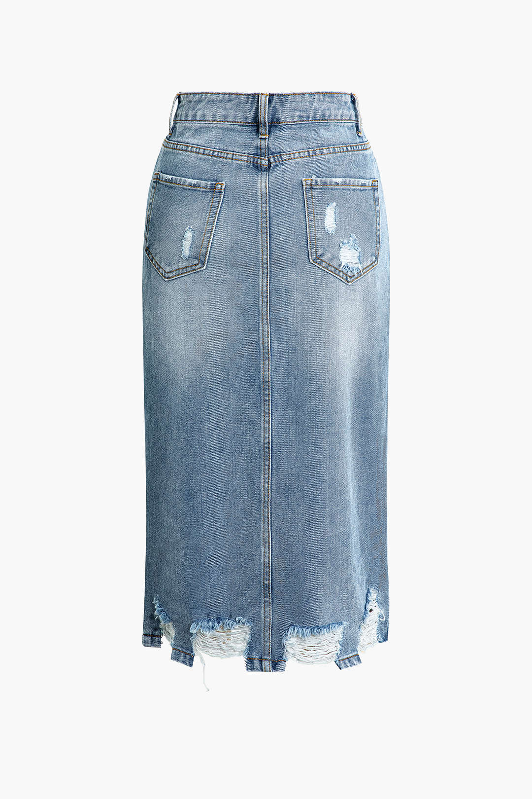 Asymmetrical Frayed Destroyed Split Denim Midi Skirt