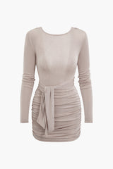 Round Neck Tie Backless Ruched Mini Dress