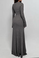 Solid Round Neck Long Sleeve Mermaid Maxi Dress