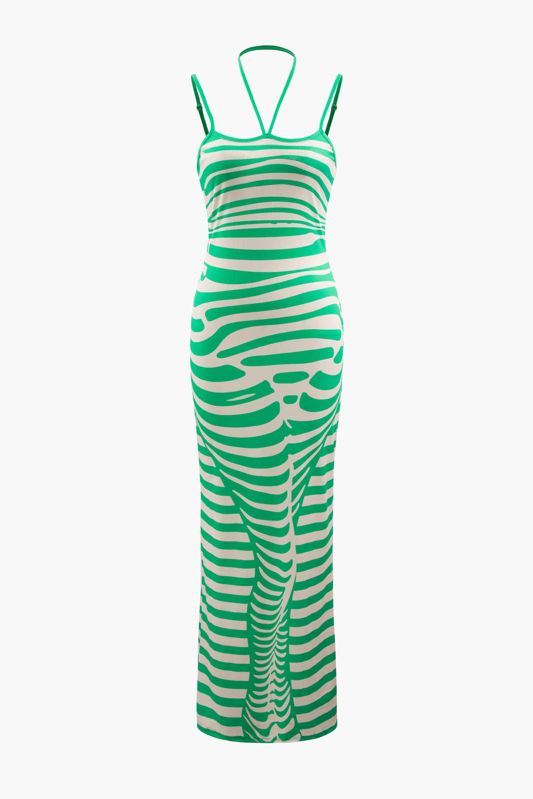 Stripe Print Rib Knit Halter Maxi Dress