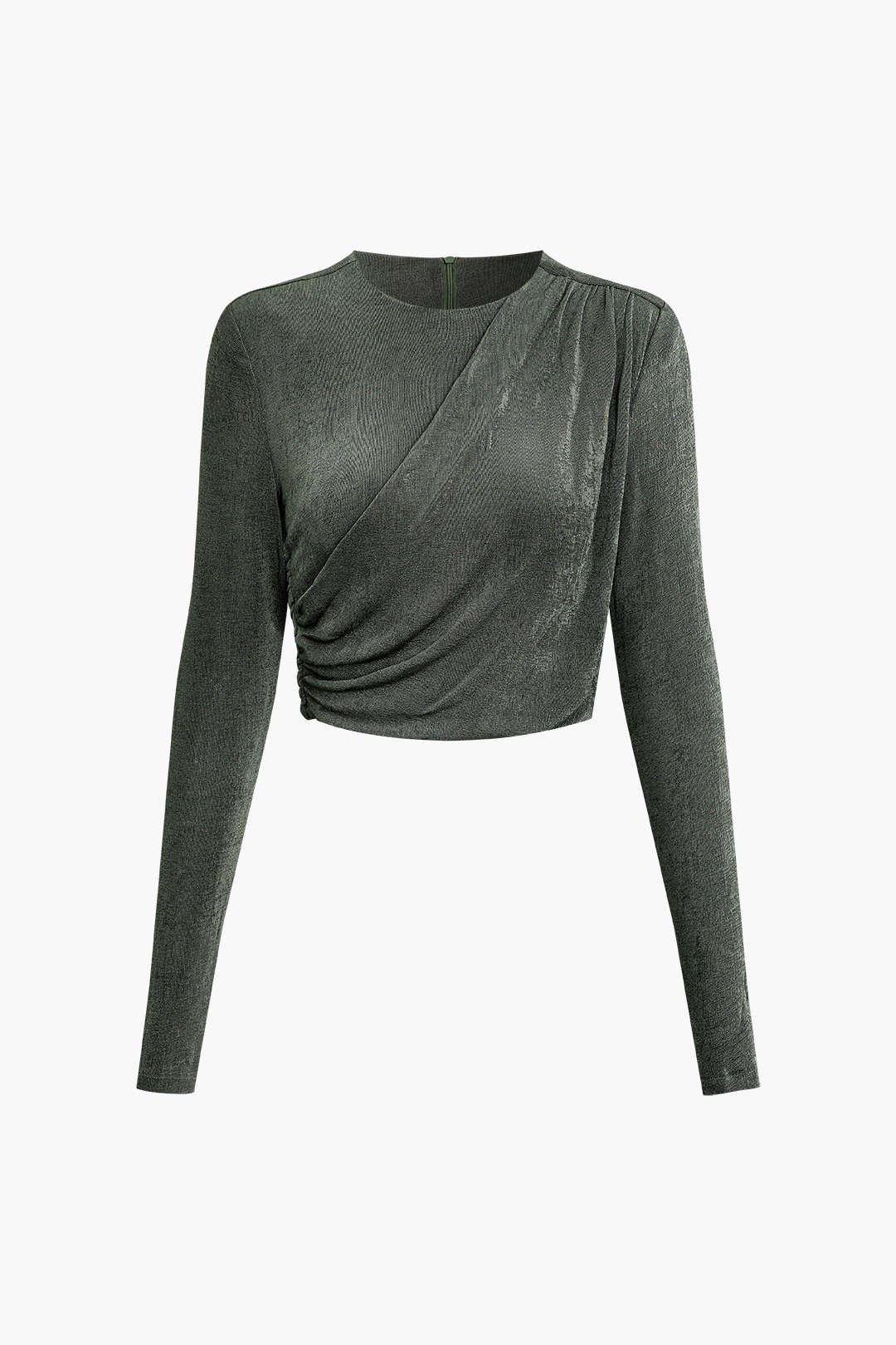 Asymmetric Ruched Padded-Shoulder Long Sleeve Top