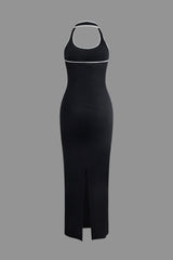 Contrast Halter Backless Slit Knit Dress