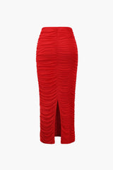 Gathered Mesh Back Slit Midi Skirt