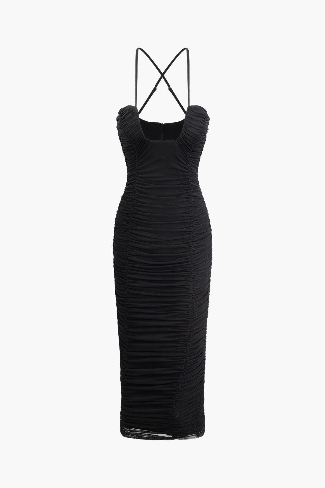 Cross Strap Mesh Ruched Midi Dress