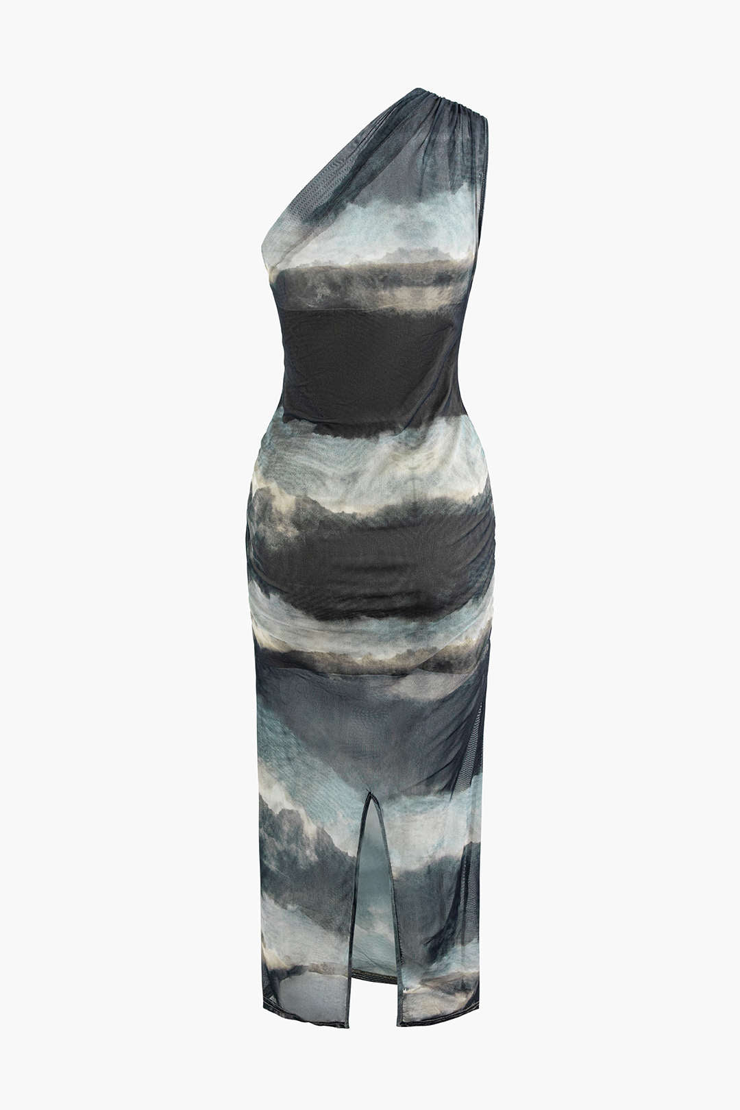 Tie Dye One Shoulder Mesh Slit Midi Dress