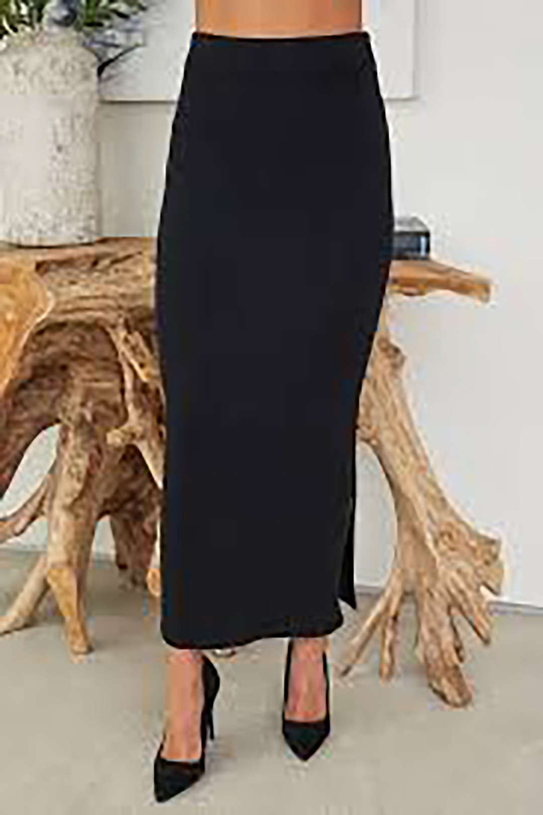 Solid High Waisted Back Ruched Maxi Skirt