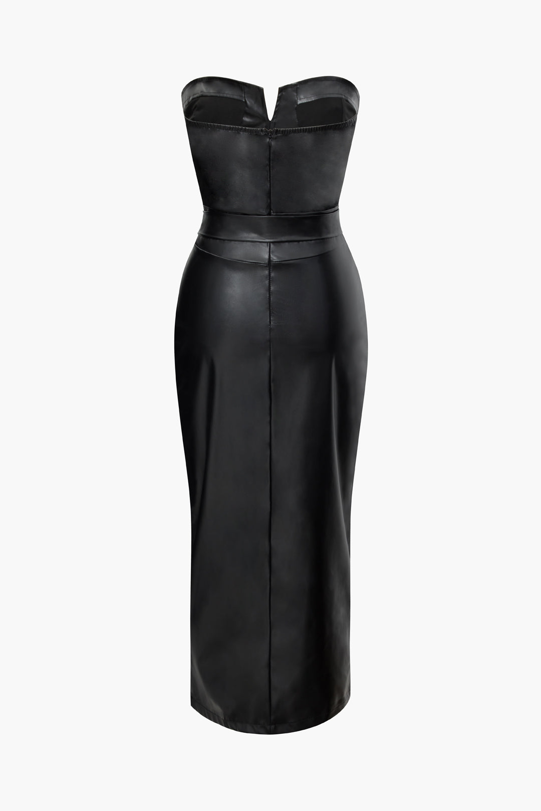 Faux Leather Strapless Slit Belted Midi Dress