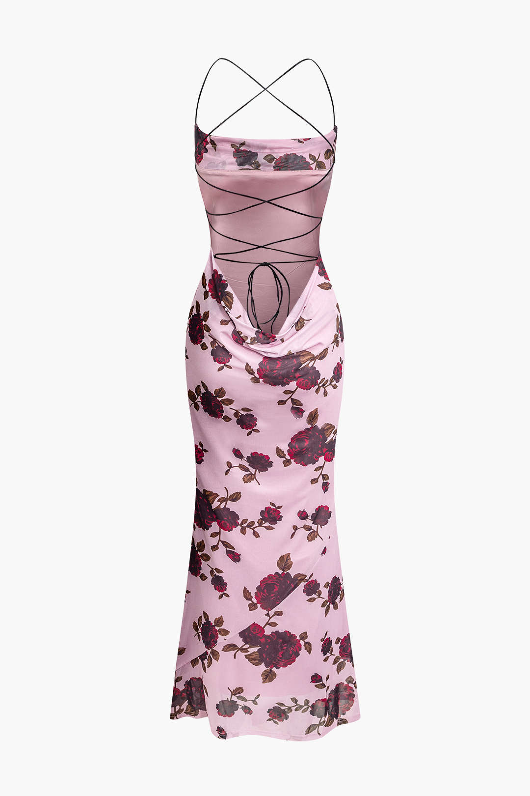 Floral Print Tie Mesh Backless Maxi Dress