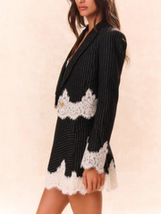 Classic Striped Lace Trim Lapel Crop Loose Blazer