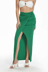 O Ring Ruched Wrap Slit Midi Skirt