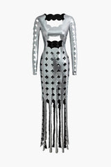 Cut Out Backless Tassel Long Sleeve Maxi Dress