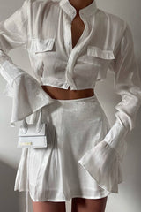 Mock Neck Button Up Bell Sleeve Crop Shirt And Mini Skirt Set