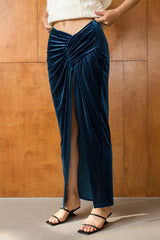 Velvet Ruched Slit Maxi Skirt