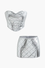 Metallic Quilted Zipper Tube Top And Mini Skirt Set