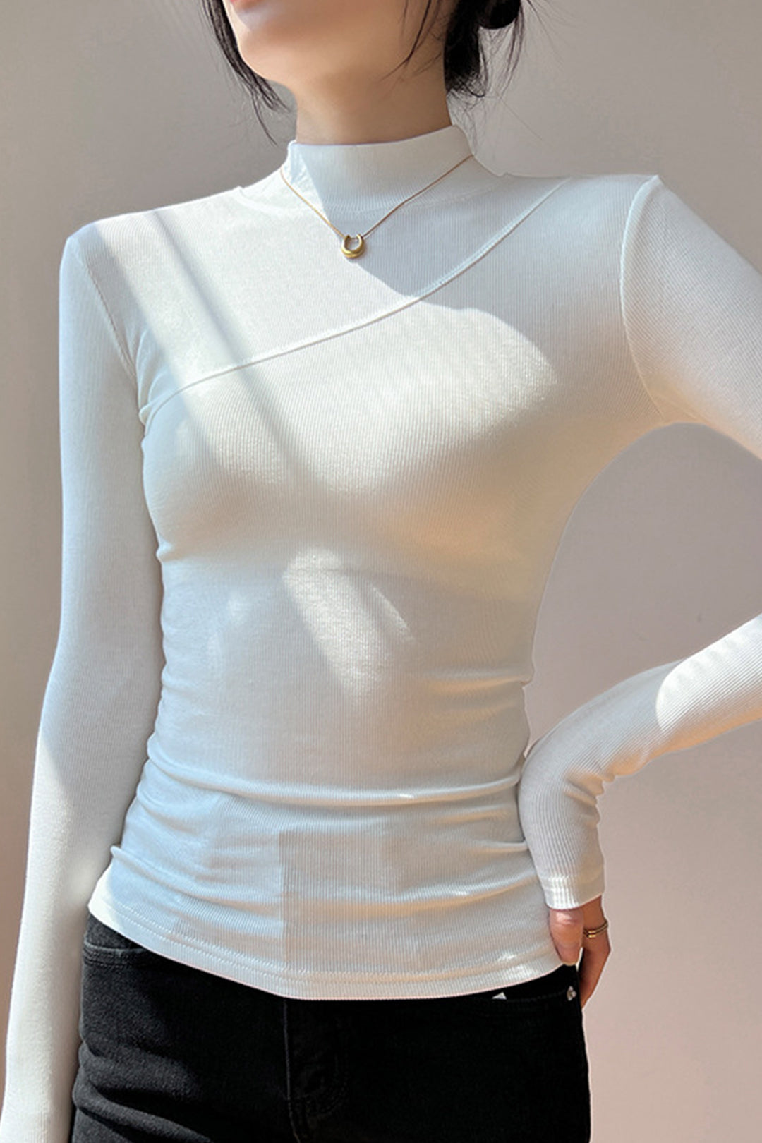 Basic Mock Neck Ribbed Long Sleeve Top