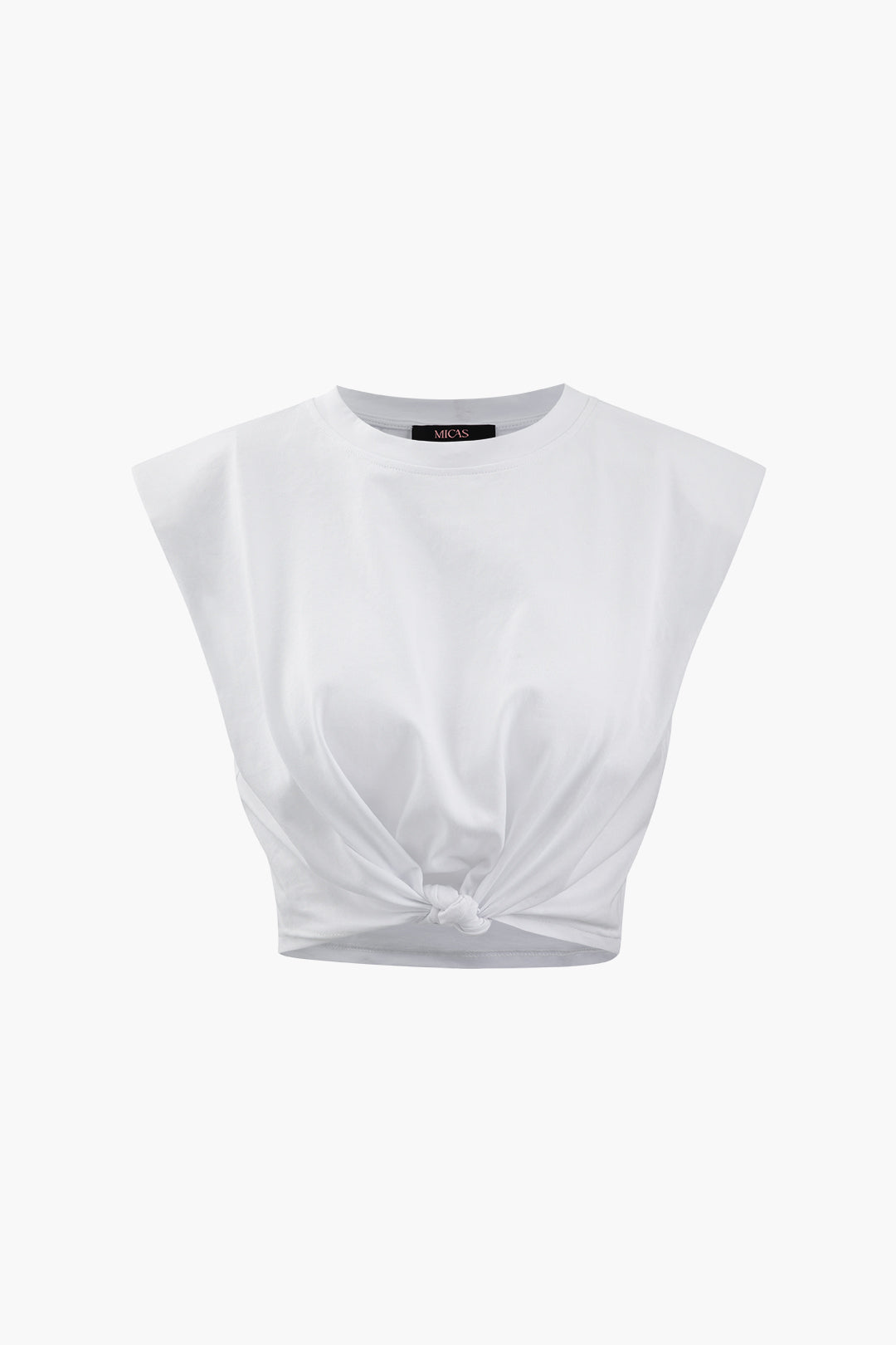 Solid Padded-Shoulder Knot Hem T-Shirt