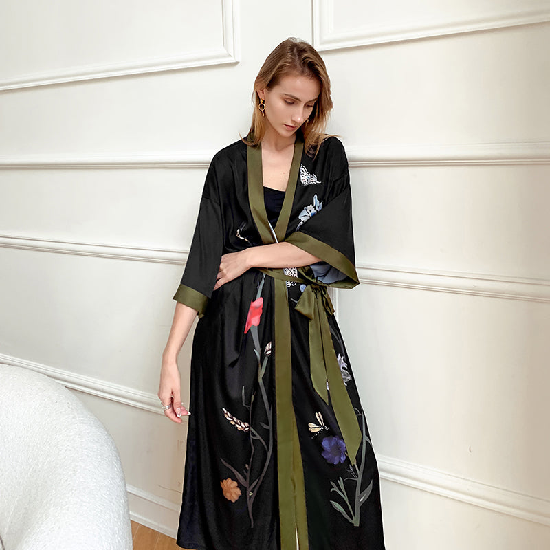 Black Khaki Women's Light Luxury Silky Satin Kimono Robe