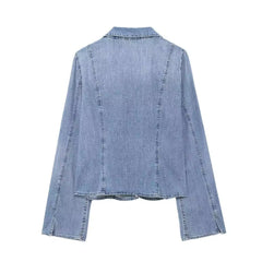 Flare Sleeve Raw Hem Pullover Denim Top