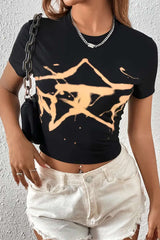 Star Print Round Neck Crop T-shirt