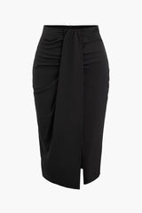 Solid Sleeveless Top And Wrap Ruched Split Midi Skirt Set