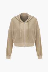 Waffle Kangaroo Pocket Drawstring Zip Up Hooded Cardigan
