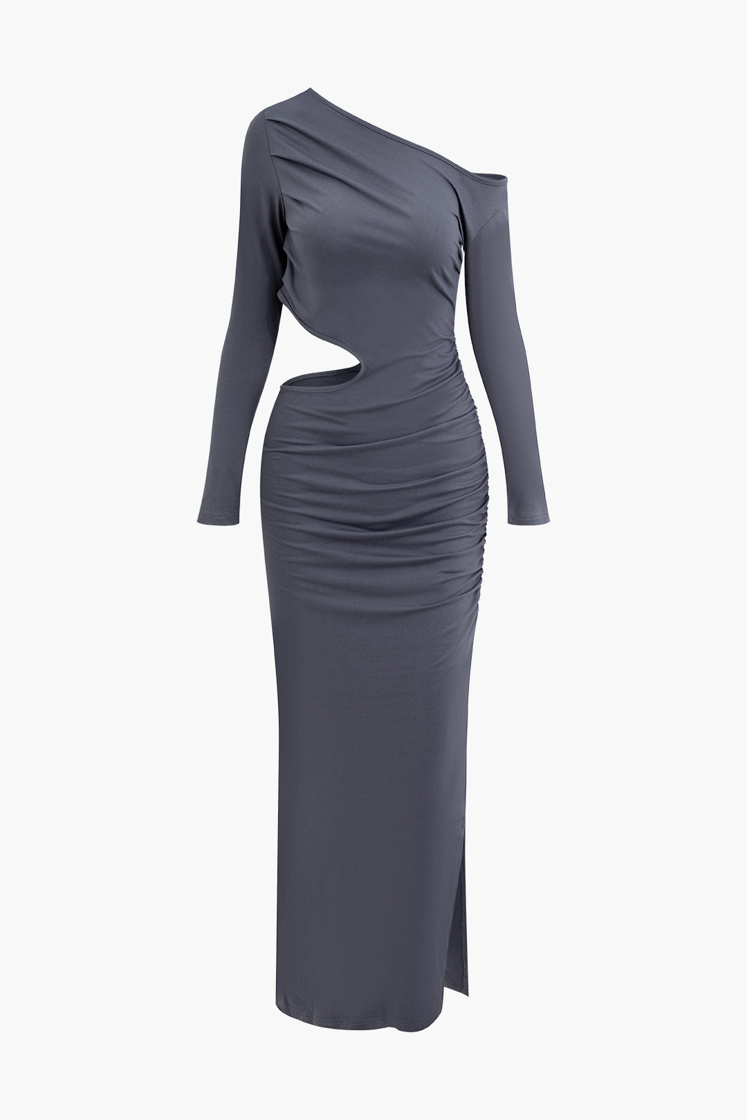 Asymmetrical Cut Out Ruched Long Sleeve Slit Midi Dress