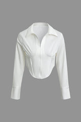 Solid Zipper Collared Long Sleeve Crop Shirt