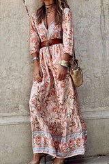 Floral Print V-neck Maxi Dress With Belt