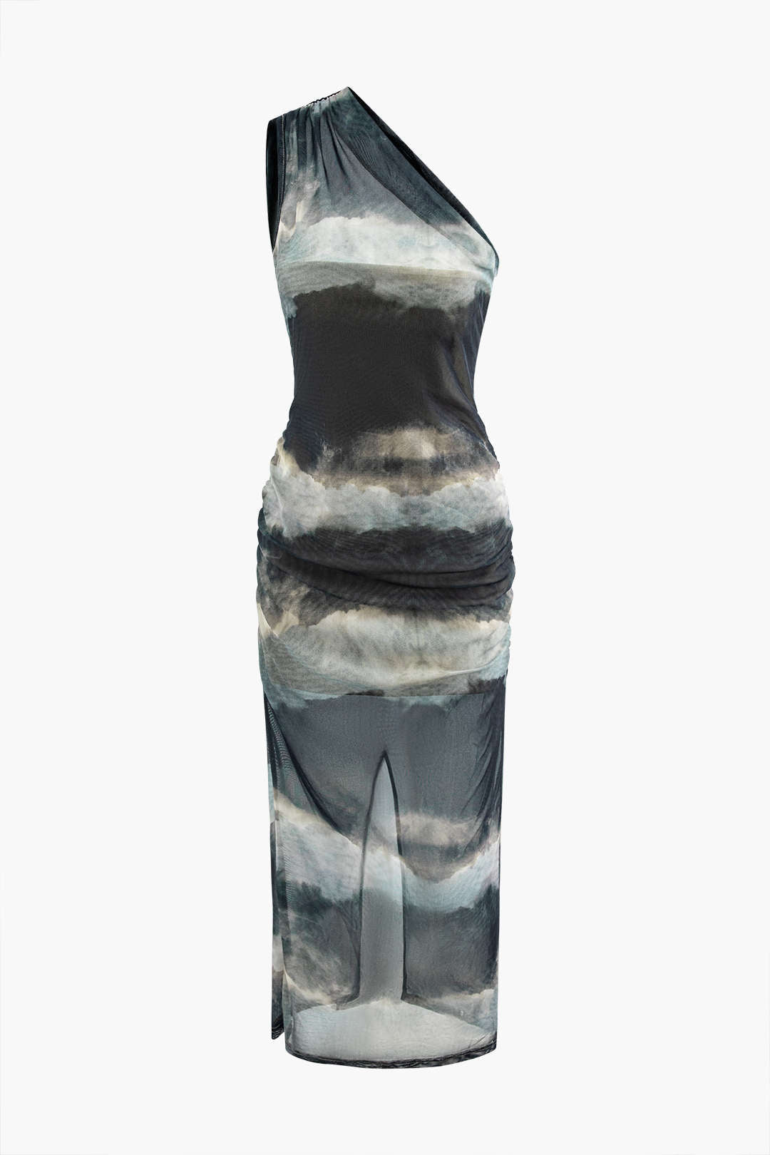 Tie Dye One Shoulder Mesh Slit Midi Dress