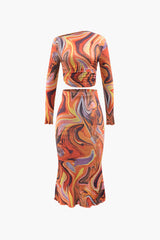 Abstract Print Asymmetric Long Sleeve Crop Top And Midi Skirt Set