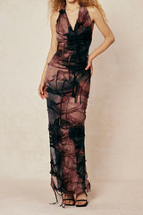 Tie Dye Distressed Mesh Slit Halter Cowl Neck Maxi Dress