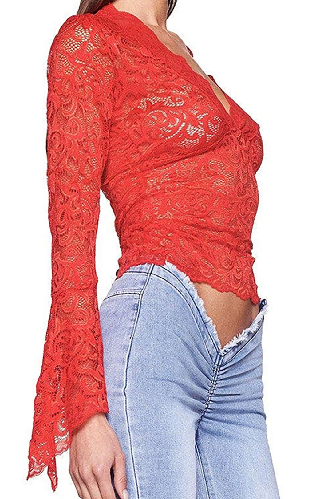 Lace V-neck Bell Sleeves Crop Top