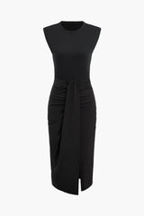 Solid Sleeveless Top And Wrap Ruched Split Midi Skirt Set