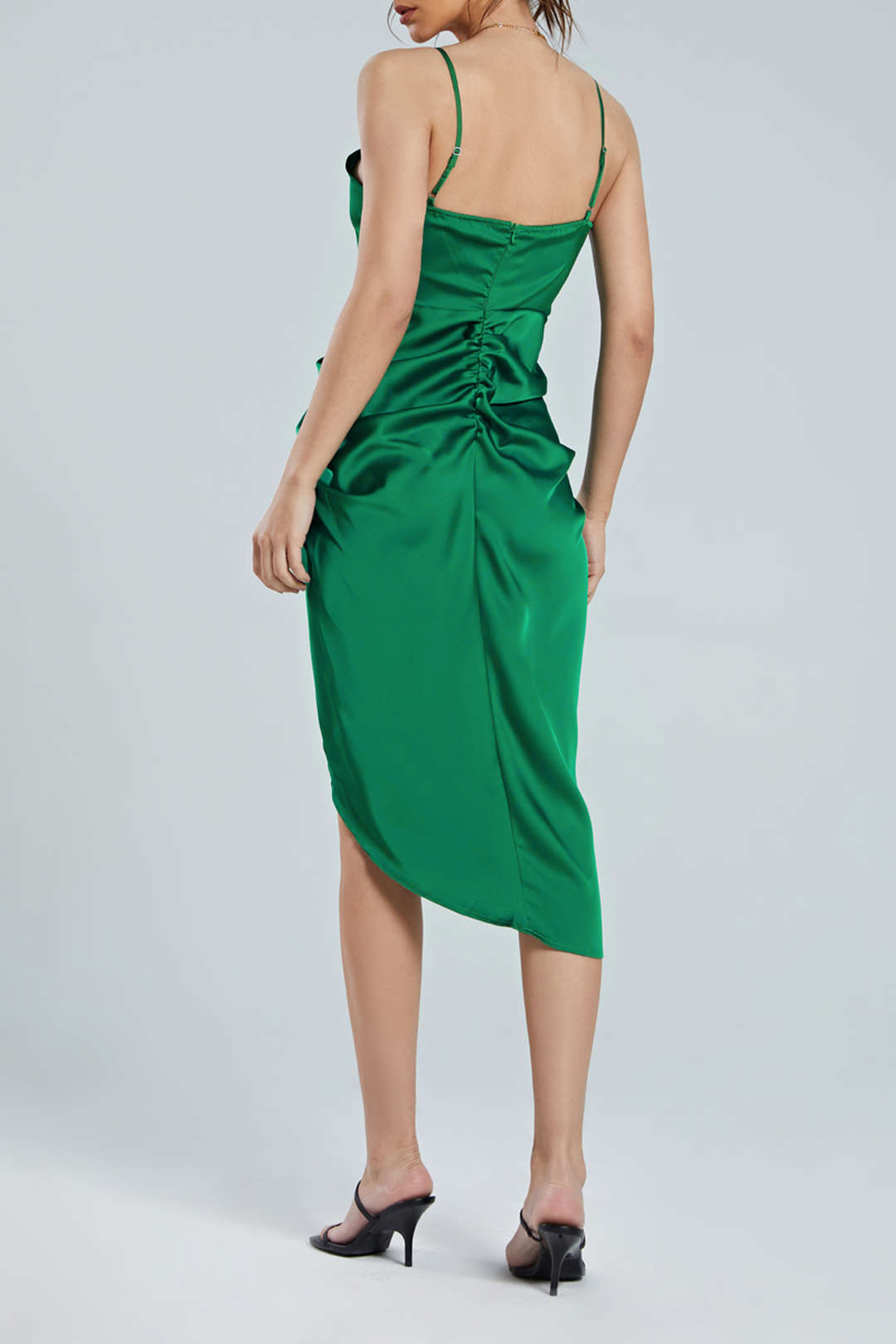 Gathered V-Neck Satin Midi Dress