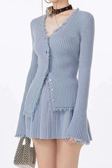 V-neck Bell Sleeve Frayed Trim Rib Knit Top