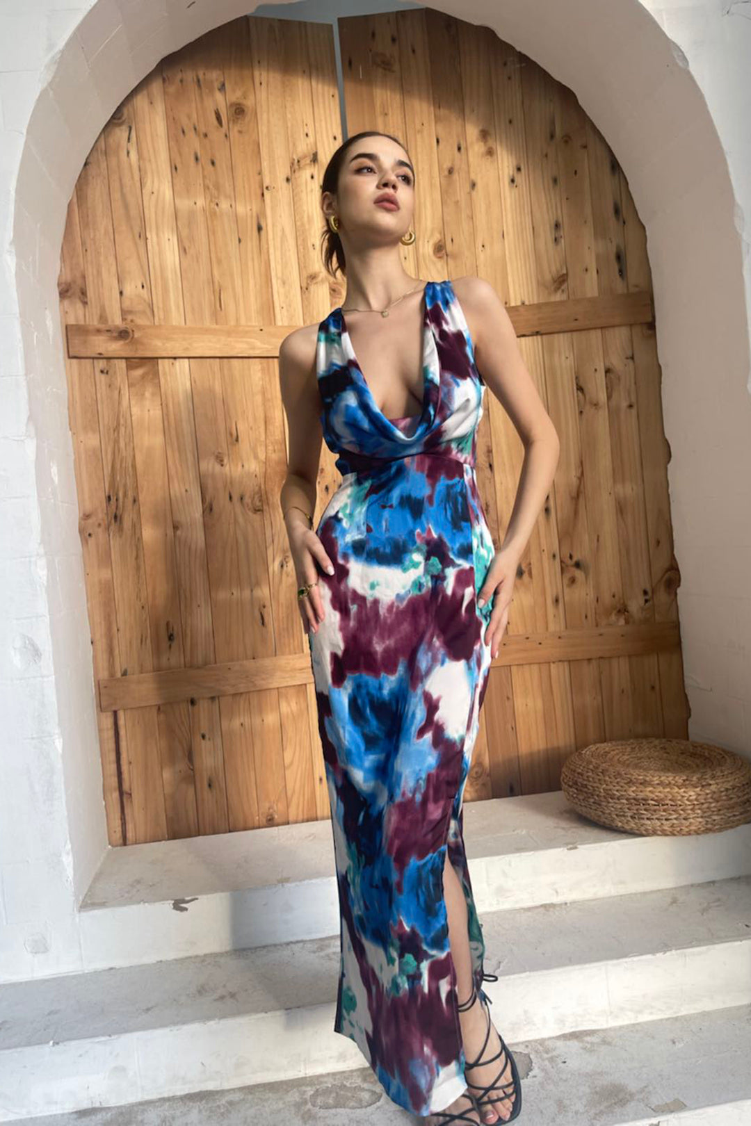 Tie Dye Cowl Neck Slit Maxi Dress